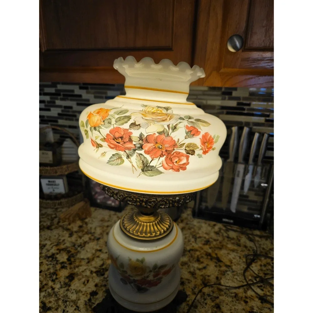 Vintage Hurricane Lamp Floral Milk Glass Gone With The Wind Style 3-Way Light